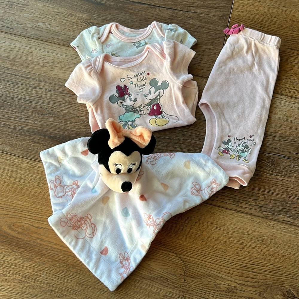 Disney Baby Girl Minnie Mouse Onesies/Pants Security Blanket Size Newborn/ 0-3m